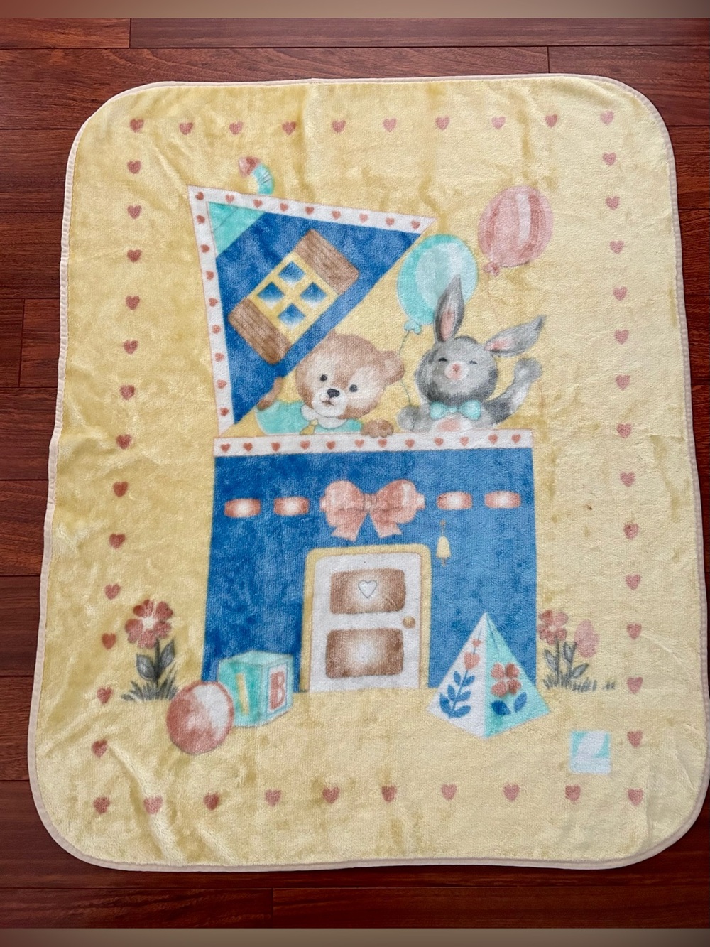 Vintage Novatex Baby Blanket Throw Bear Rabbit Blocks Plush Yellow Fleece EUC